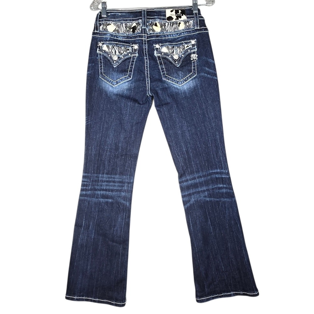 Miss Me Low Rise Bootcut Jeans 27 Calf Fur Cow Print Bling Stretch Blue Denim